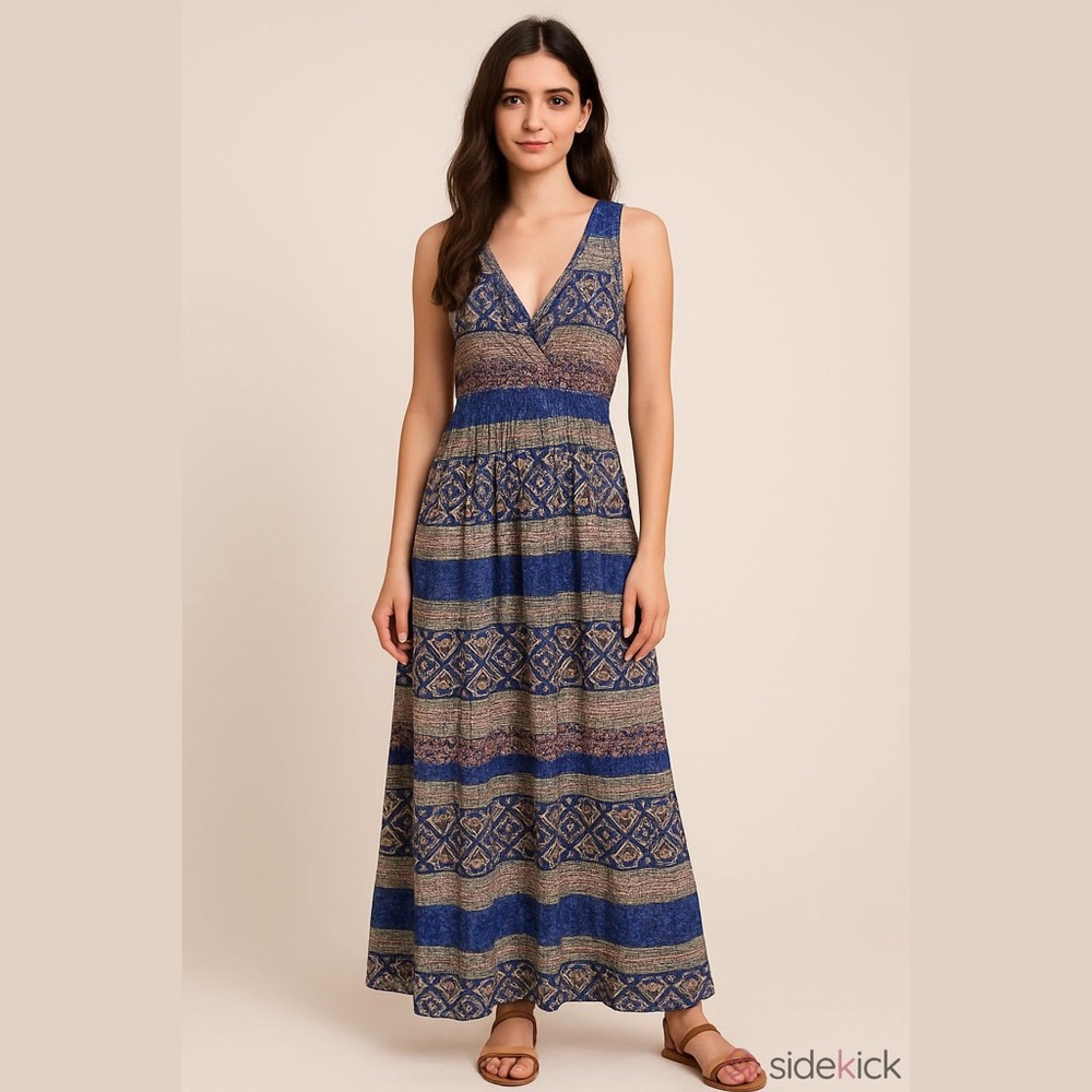 eshakti Womens Size M‎ Sleeveless Smocked Waist A Line Mixed Print Maxi Dress
